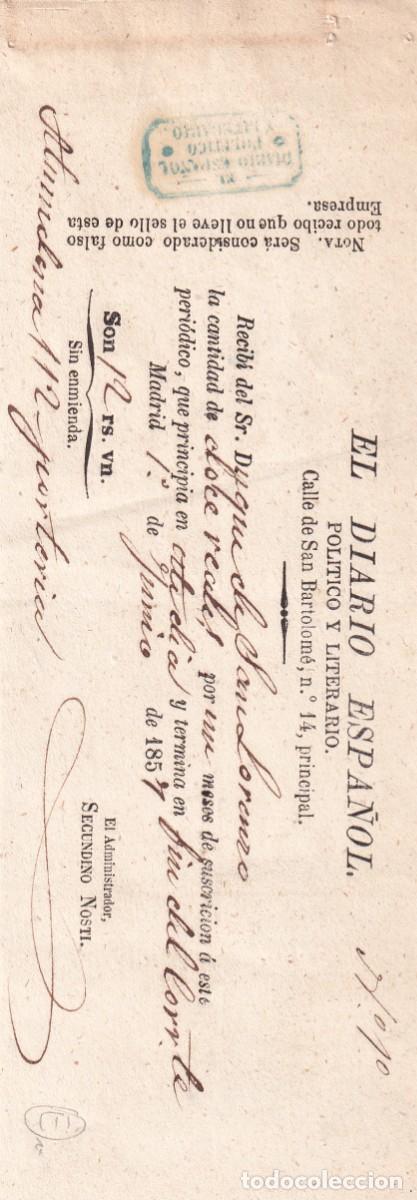 Documentos antiguos: EL DIARIO ESPA&Ntilde;OL, POL&Iacute;TICO Y LITERARIO, RECIBO SUSCRIPCI&Oacute;N MADRID 1857