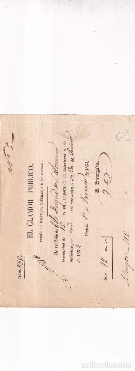 Documentos antiguos: EL CLAMOR PUBLICO, PERI&Oacute;DICO POL&Iacute;TICO, LITERARIO E INDUSTRIAL, RECIBO SUSCRIPCI&Oacute;N MADRID 1854