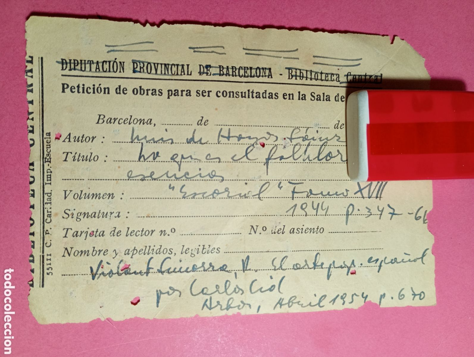 Documentos antiguos: Doc. Manuscrito Desiderata c.1954 Biblioteca Central Barcelona. Violant Simorra. Hoyos Sainz, C. Cid