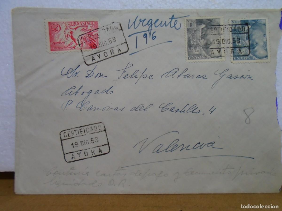 Documentos antiguos: CARTA CIRCULADA CERTIFICADA AYORA/VALENCIA 1953.VALORES DECLARADOS REQUENA(VALENCIA)