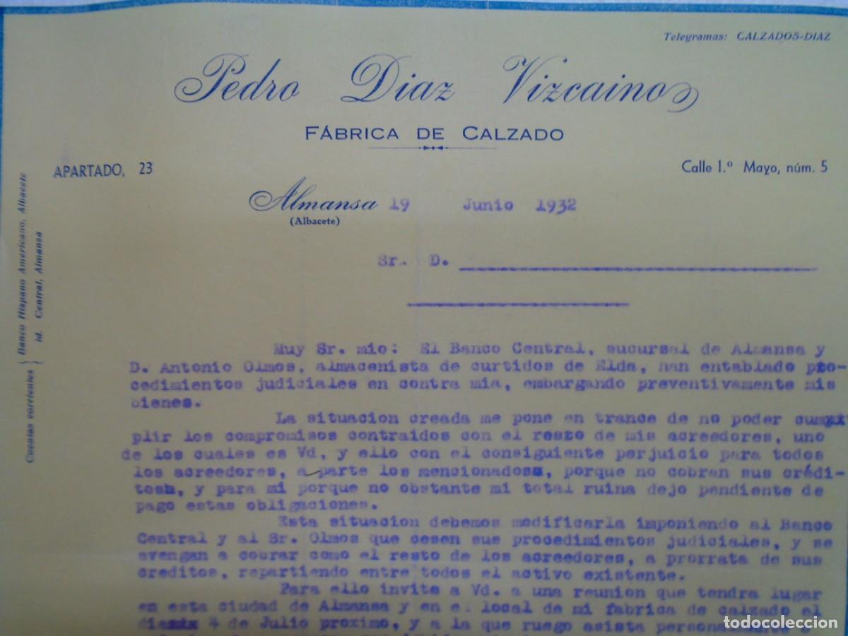 Documentos antiguos: ALMANSA(ALBACETE)FABRICA DE CALZADO DE PEDRO DIAZ VIZCAINO 19/6/1932.