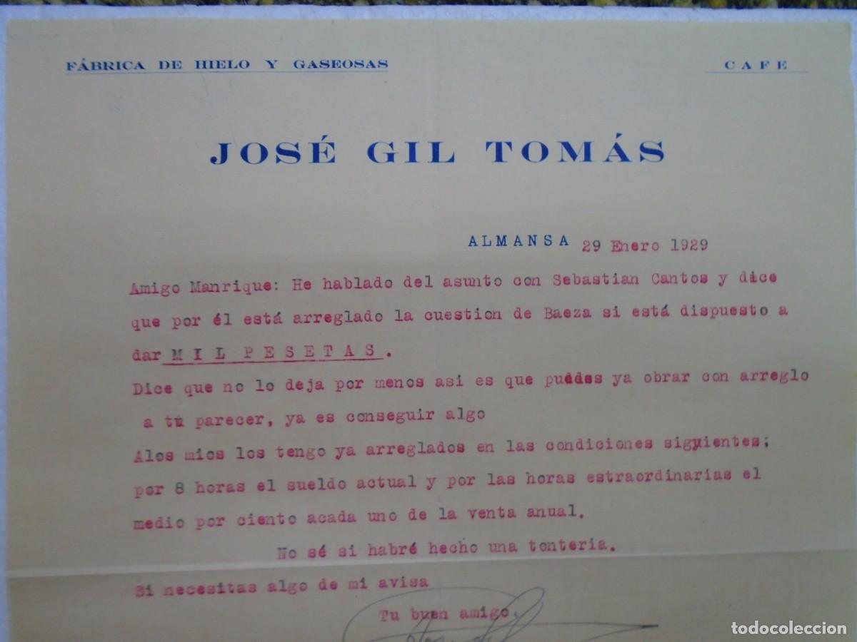 Documentos antiguos: ALMANSA(ALBACETE)FABRICA DE HIELO Y GASEOSAS DE JOS&Eacute; GIL TOMAS 29/1/1929.