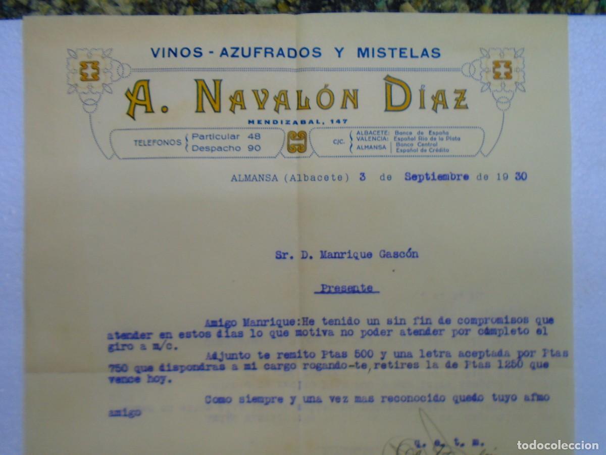 Documentos antiguos: ALMANSA(ALBACETE)VINOS,AZUFRADOS Y MISTELAS DE A.NAVAL&Oacute;N DIAZ 3/9/1930.