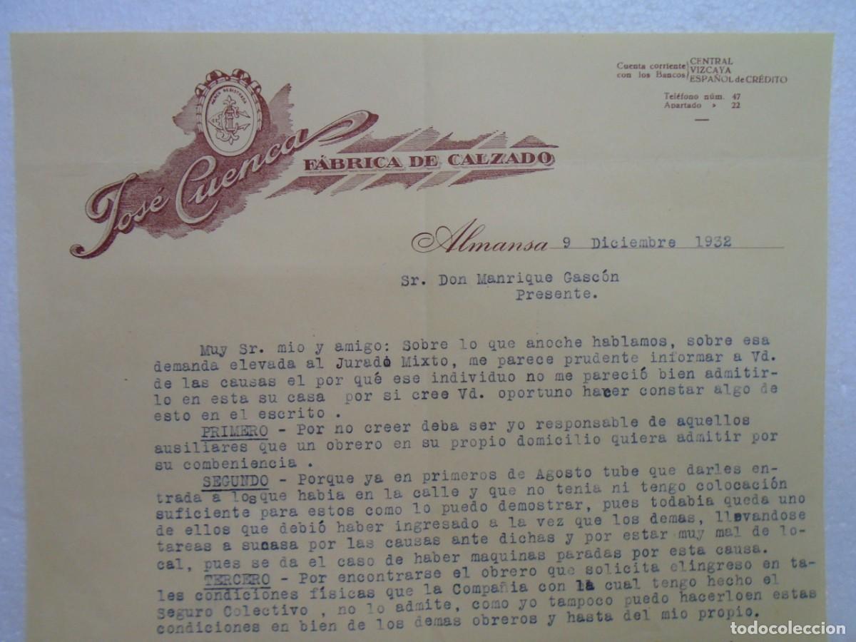 Documentos antiguos: ALMANSA(ALBACETE)FABRICA DE CALZADO DE JOS&Eacute; CUENCA 9/12/1932.