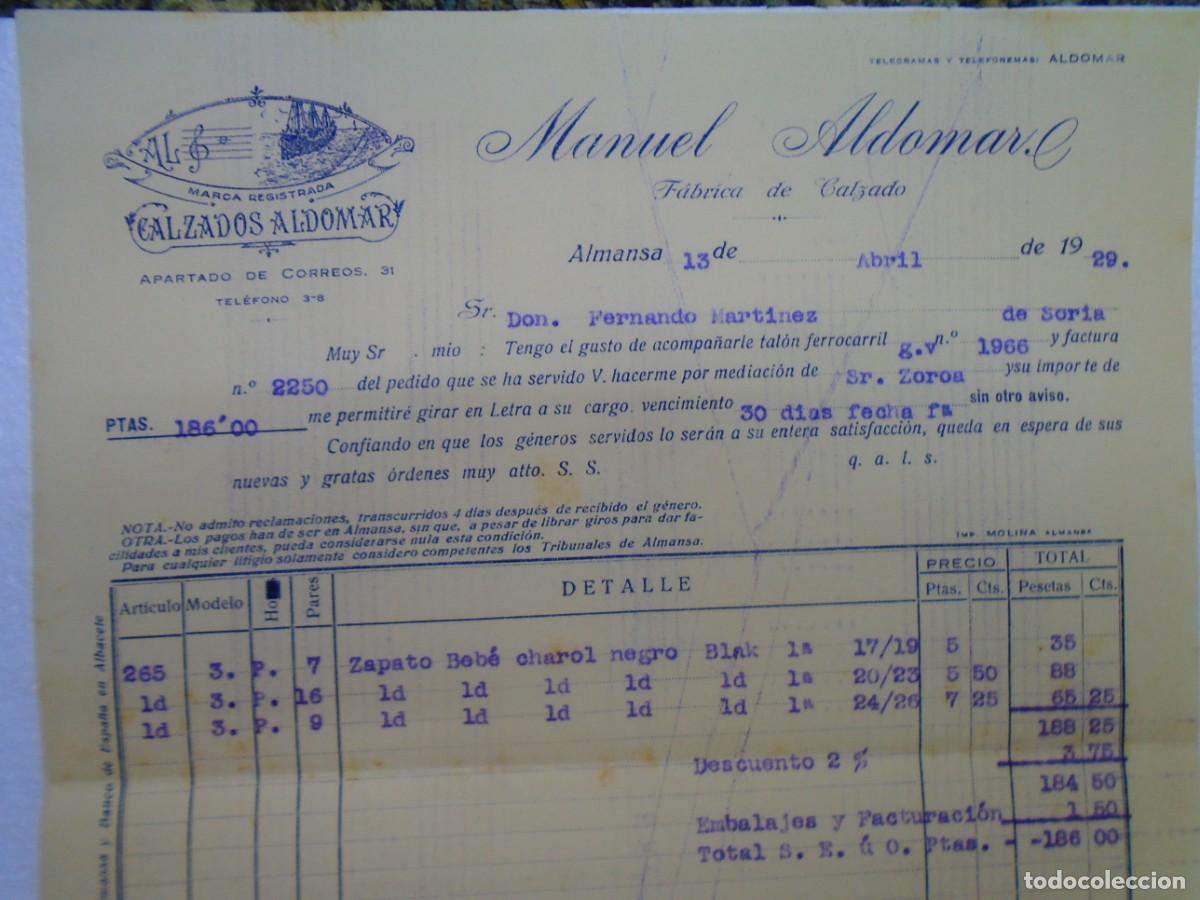 Documentos antiguos: ALMANSA(ALBACETE)FABRICA DE CALZADO MANUEL ALDOMAR 13/4/1929.