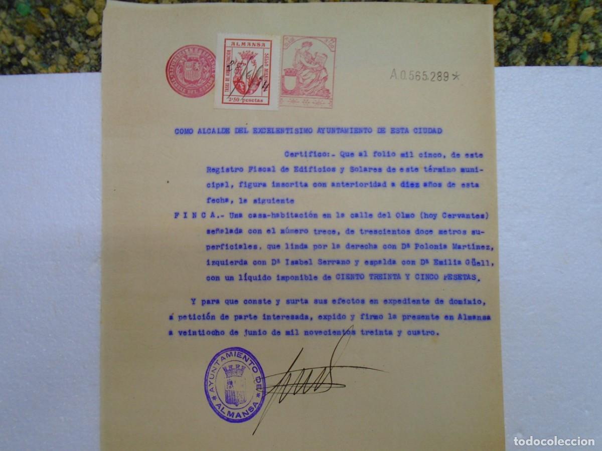 Documentos antiguos: ALMANSA(ALBACETE)DOCUMENTO DEL AYUNTAMIENTO DEL 28/6/1934,CON VI&Ntilde;ETA MUNICIPAL DE 2`50 PTAS.