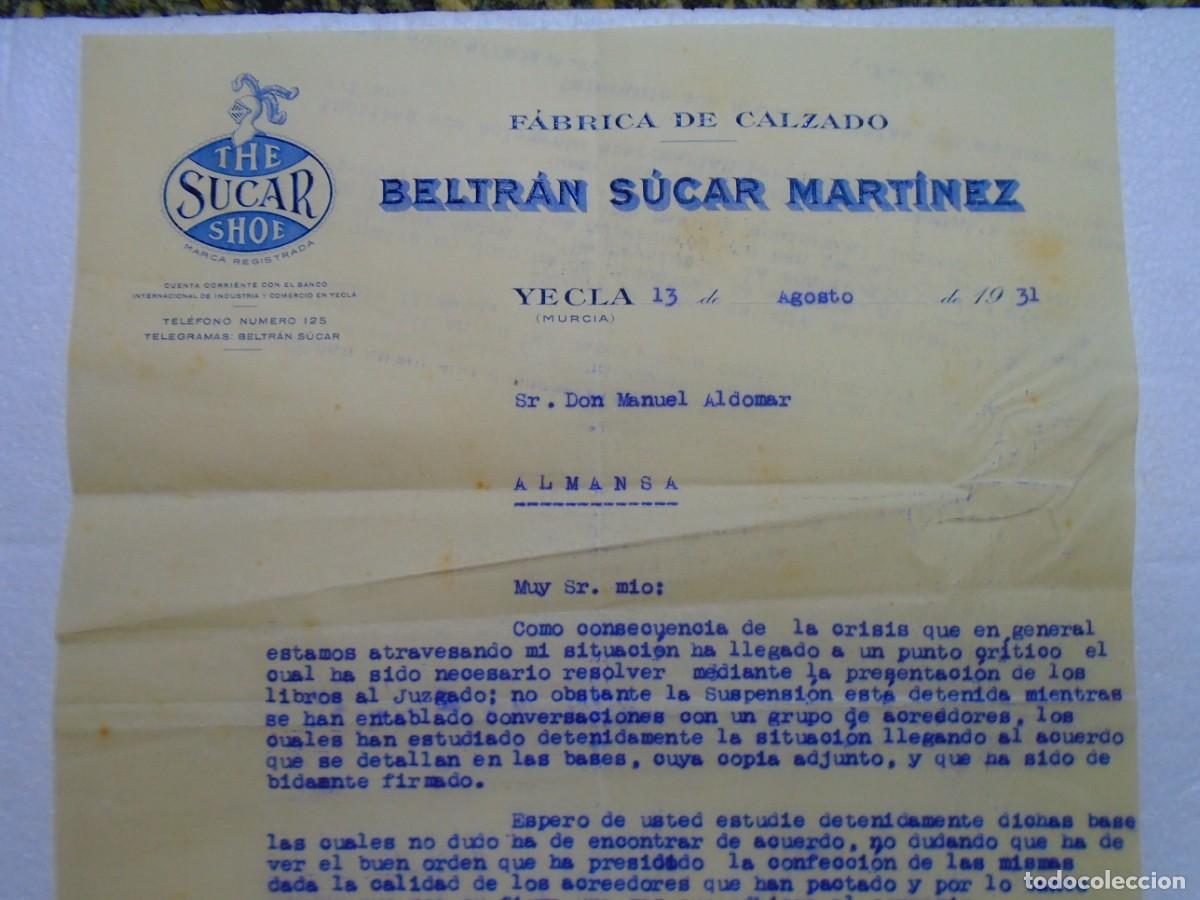 Documentos antiguos: YECLA(MURCIA)FABRICA DE CALZADO &rdquo;THE SUCAR SHOE&rdquo; 13/8/1931.