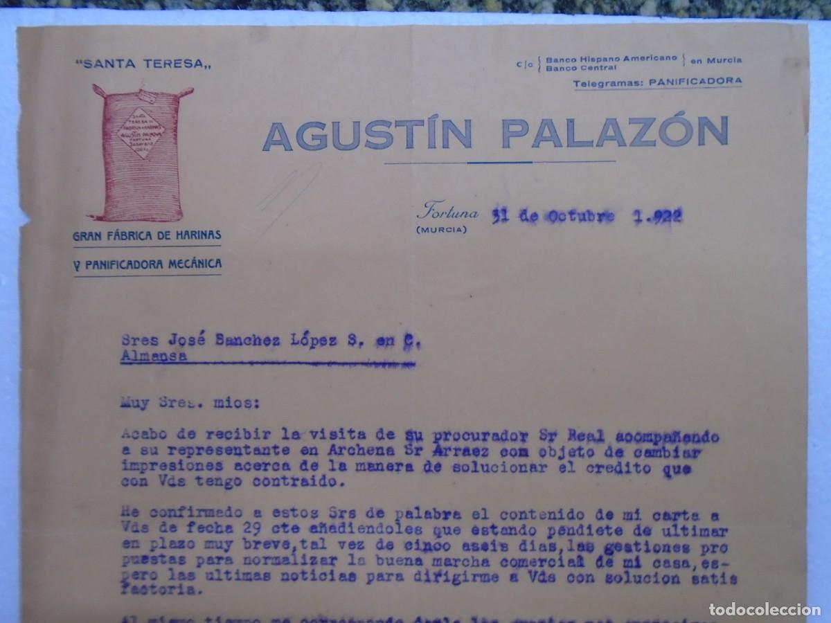 Documentos antiguos: FORTUNA(MURCIA)FABRICA DE HARINAS Y PANIFICADORA DE AGUSTIN PALAZ&Oacute;N 31/10/1922.