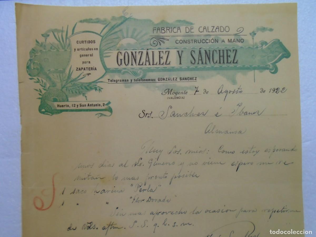 Documentos antiguos: MOGENTE(VALENCIA)FABRICA DE CALZADO GONZALEZ Y S&Aacute;NCHEZ 7/8/1922.