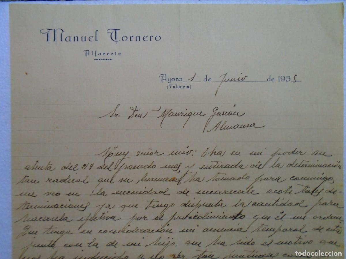 Documentos antiguos: AYORA(VALENCIA)ALFARERIA DE MANUEL TORNERO 1/6/1935.