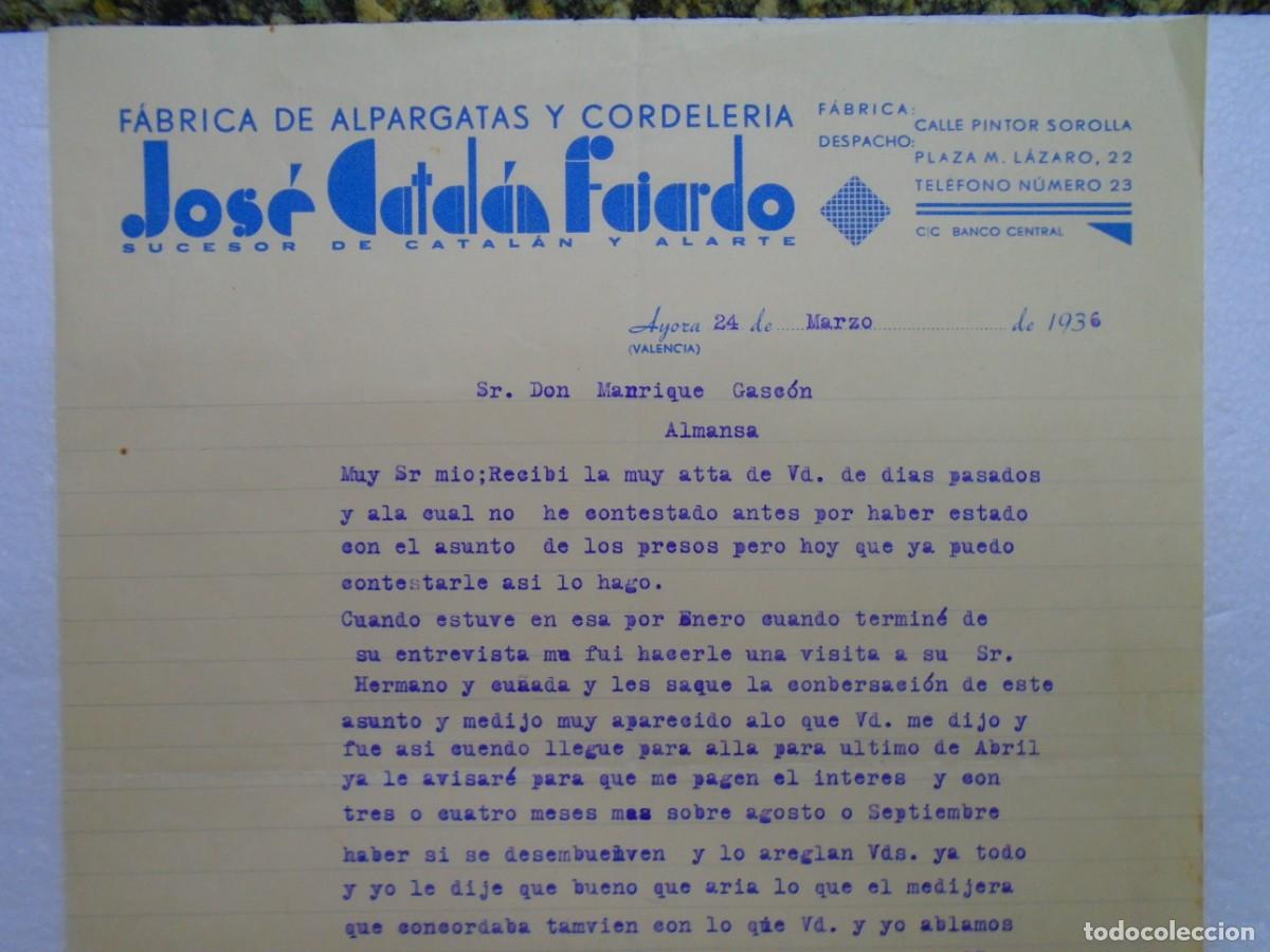 Documentos antiguos: AYORA(VALENCIA)FABRICA DE ALPARGATAS Y CORDELERIA 24/3/1936.