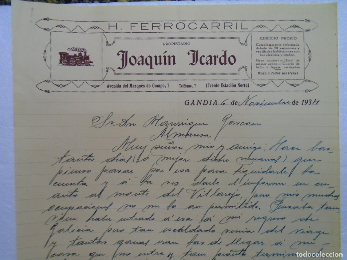Documentos antiguos: GANDIA(VALENCIA)HOTEL FERROCARRIL DE JOAQUIN ICARDO 6/11/1934.