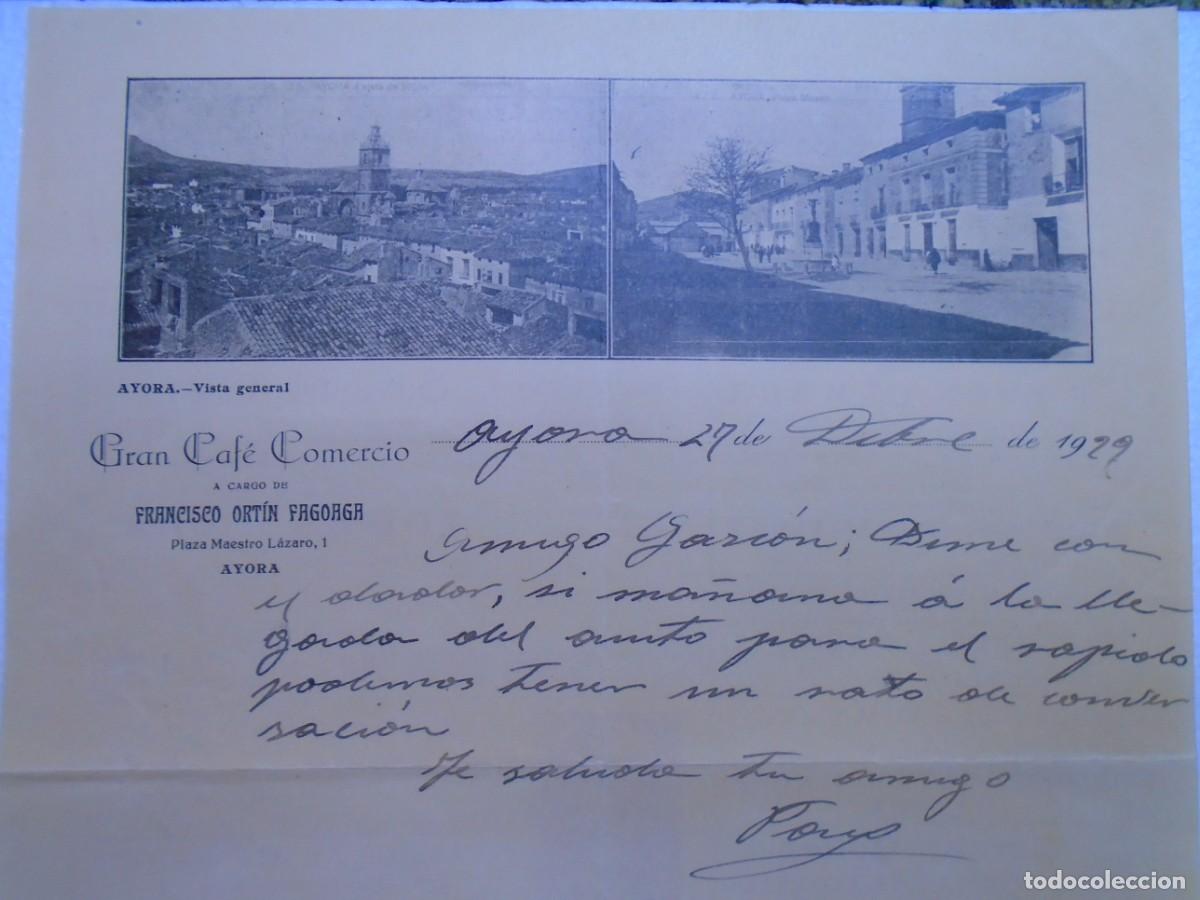 Documentos antiguos: AYORA(VALENCIA)GRAN CAFE COMERCIO.27/12/1929.PRECIOSO MEMBRETE CON FOTOS Y PUBLI.