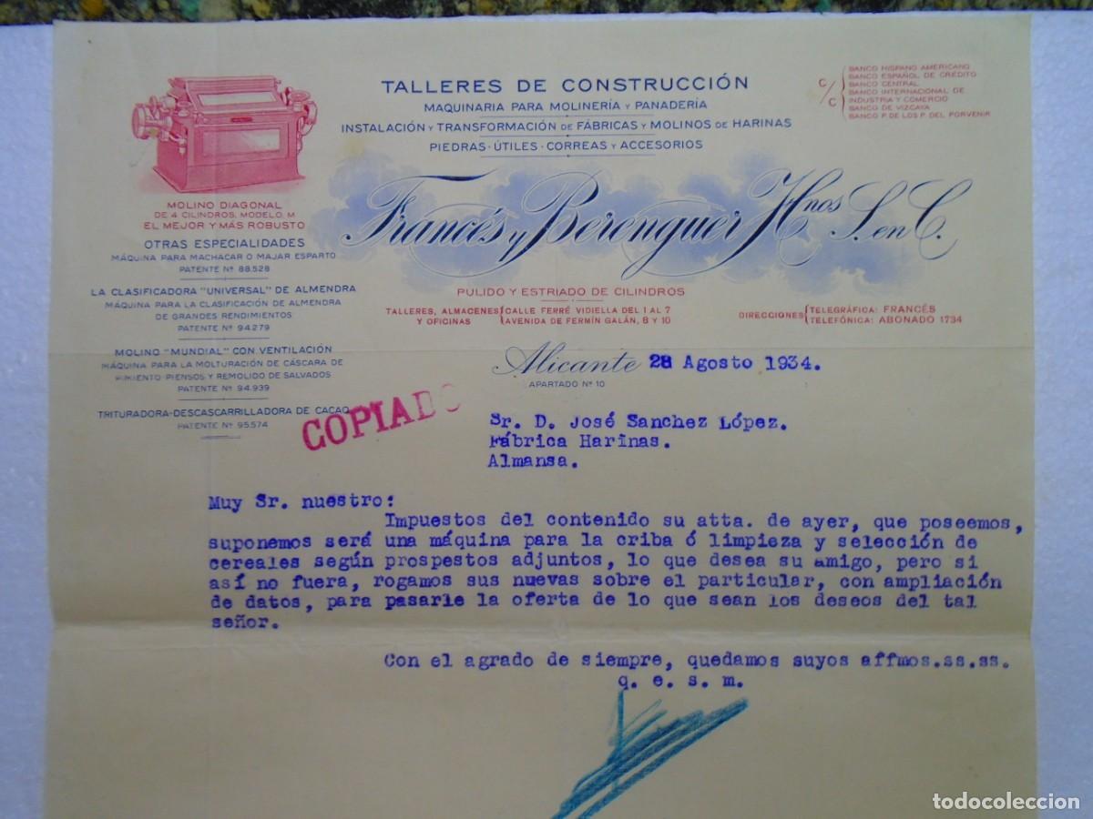 Documentos antiguos: ALICANTE.TALLERES DE CONSTRUCCION,MAQUINARIA PARA MOLINERIA Y PANADERIA, 28/8/1934.
