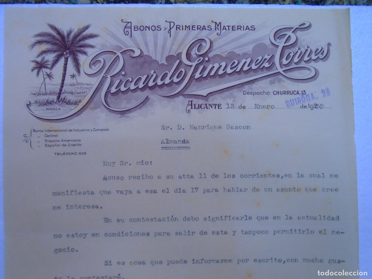 Documentos antiguos: ALICANTE.ABONOS Y PRIMERAS MATERIAS RICARDO GIMENEZ TORRES 13/1/1930.