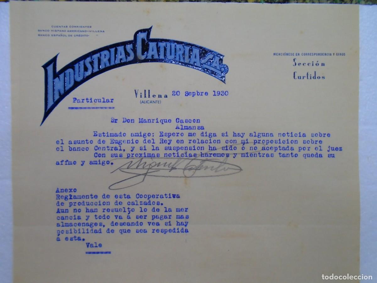Documentos antiguos: VILLENA(ALICANTE)INDUSTRIAS CATURLA,CURTIDOS.20/9/1930.
