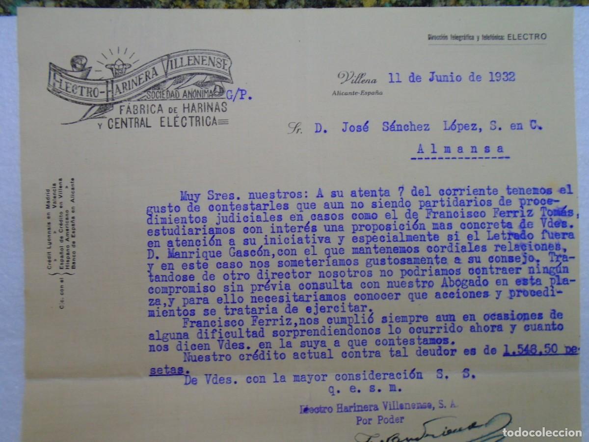 Documentos antiguos: VILLENA(ALICANTE)ELECTRO-HARINERA VILLENENSE 11/6/1932.