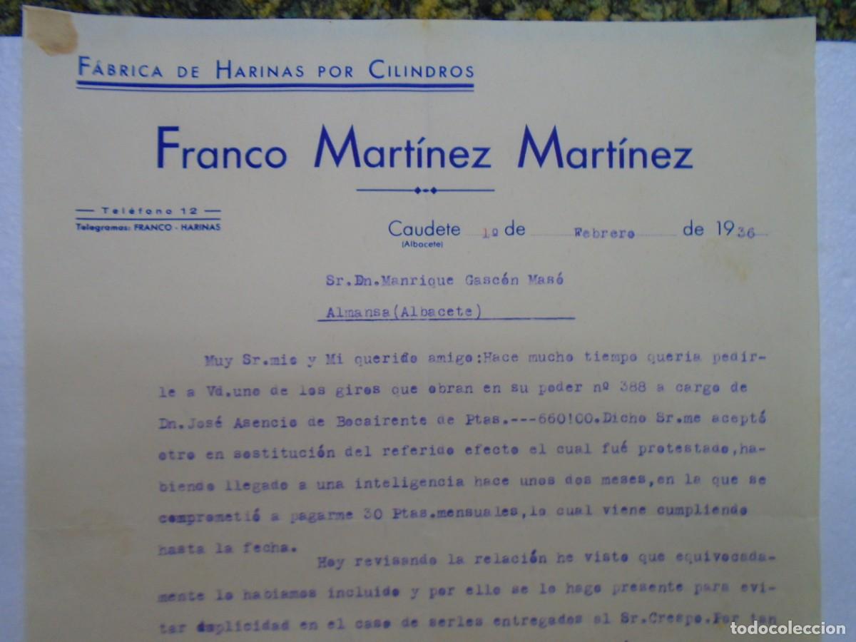 Documentos antiguos: CAUDETE(ALBACETE)FABRICA DE HARINAS DE FRANCO MTNEZ.MTNEZ . 1/2/1936.