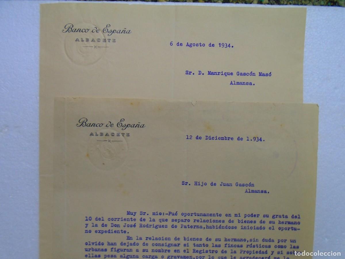 Documentos antiguos: ALBACETE.BANCO DE ESPA&Ntilde;A.CARTAS (2) DE 1934.