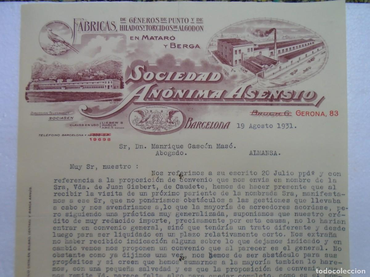 Documentos antiguos: BARCELONA.FABRICAS DE HILADOS,GENEROS DE PUNTO S.A.ASENSIO 19/8/1931.