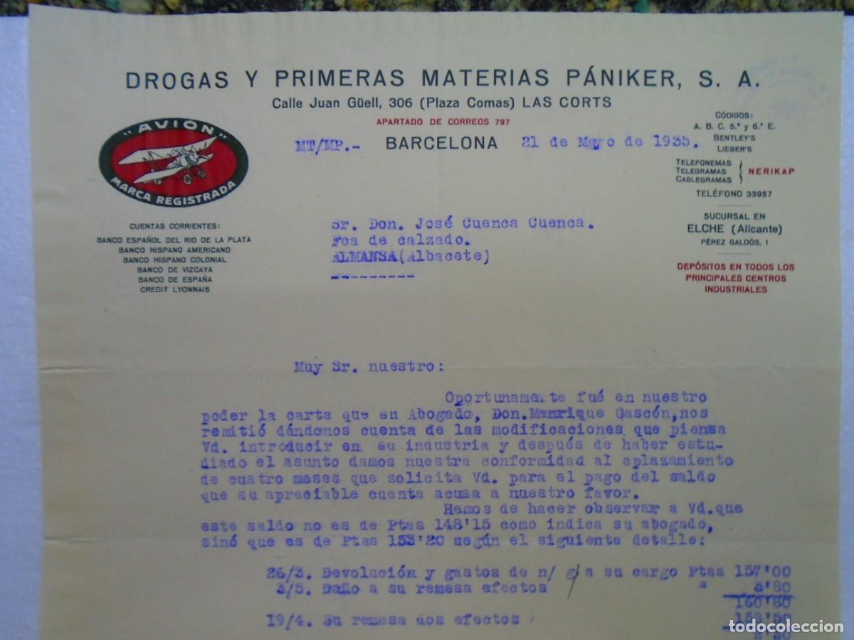 Documentos antiguos: BARCELONA.DROGAS Y PRIMERAS MATERIAS PANIKER,S.A. 21/5/1935.