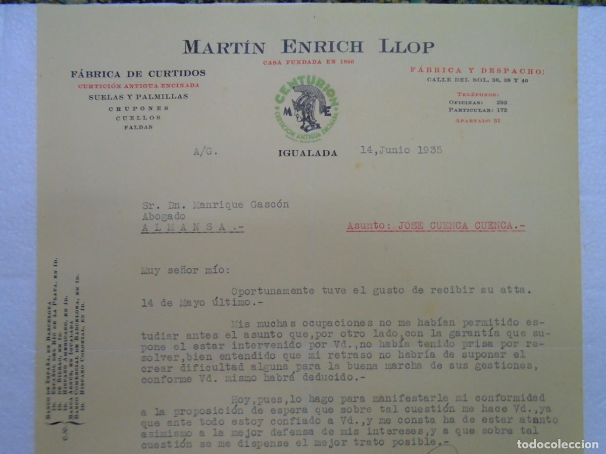 Documentos antiguos: IGUALADA(BARCELONA)FABRICA DE CURTIDOS &rdquo;CENTURION&rdquo; 14/6/1935.