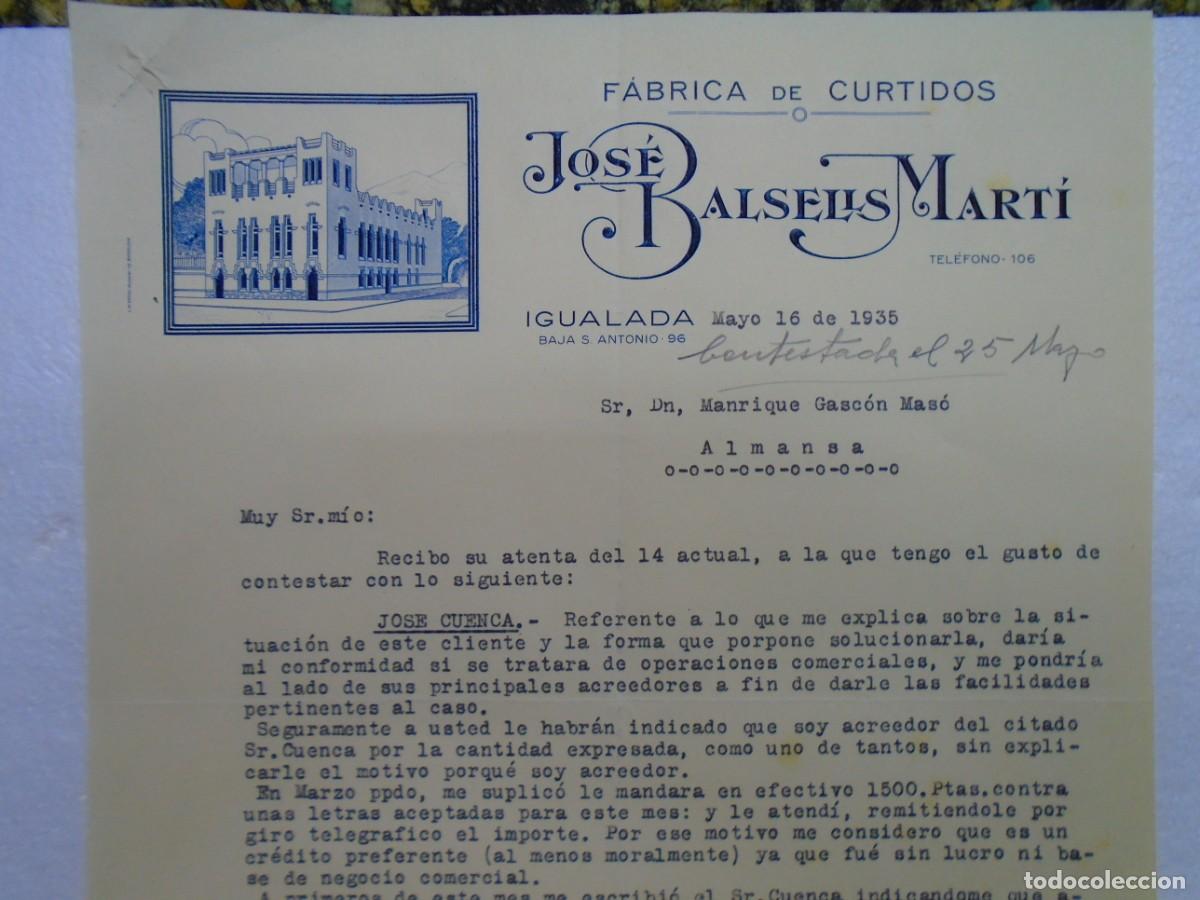 Documentos antiguos: IGUALADA(BARCELONA)FABRICA DE CURTIDOS JOSE BALSELLS MARTI 16/5/1935.