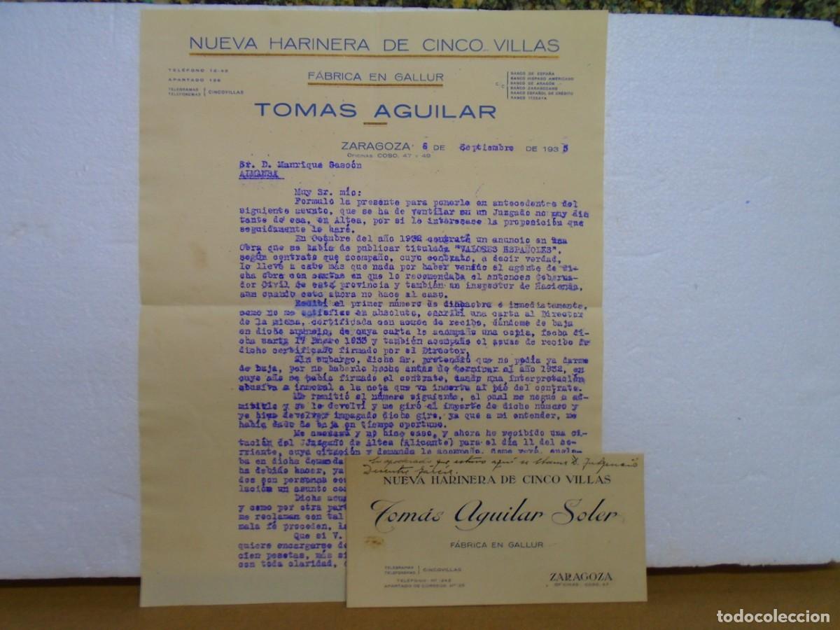 Documentos antiguos: GALLUR(ZARAGOZA) NUEVA HARINERA DE CINCO VILLAS,CARTA(1935) Y TARJETA COMERCIAL.