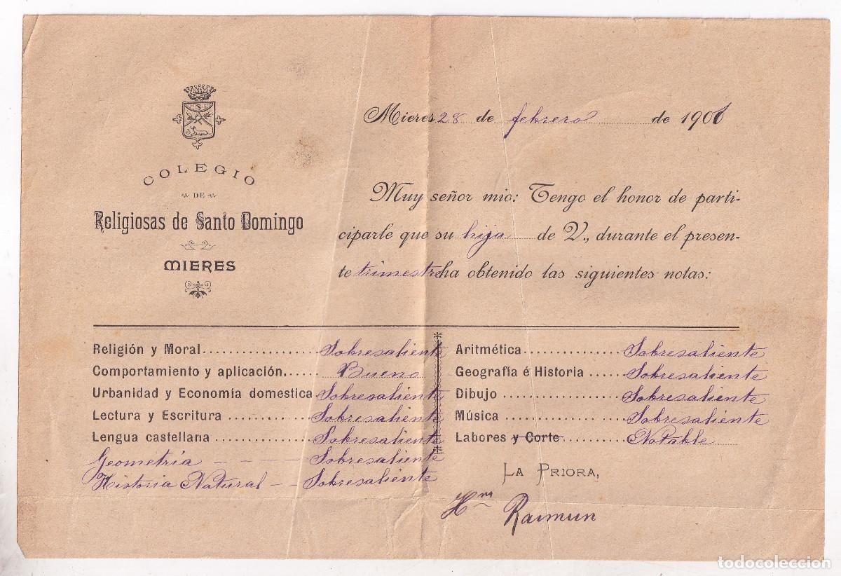 Documentos antiguos: COLEGIO DE RELIGIOSAS DE SANTO DOMINGO DE MIERES. ASTURIAS. 1901. PAPELETA DE NOTAS