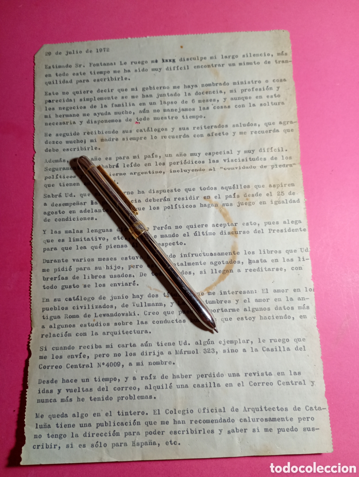 Alte Dokumente: Carta Mecanografiada 1972. Libertad V.G. a Fontana. Interesante Texto Pol&iacute;tico y Arquitectura. (97 c