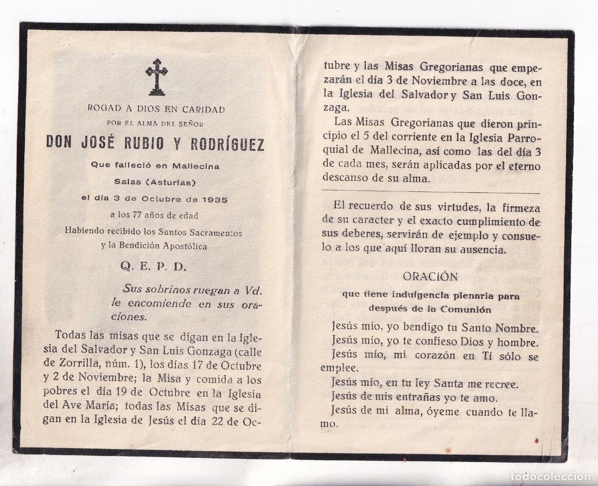 Documentos antiguos: RECORDATORIO DE DIFUNTO. JOS&Eacute; RUBIO Y RODR&Iacute;GUEZ. SALAS. ASTURIAS. 1935