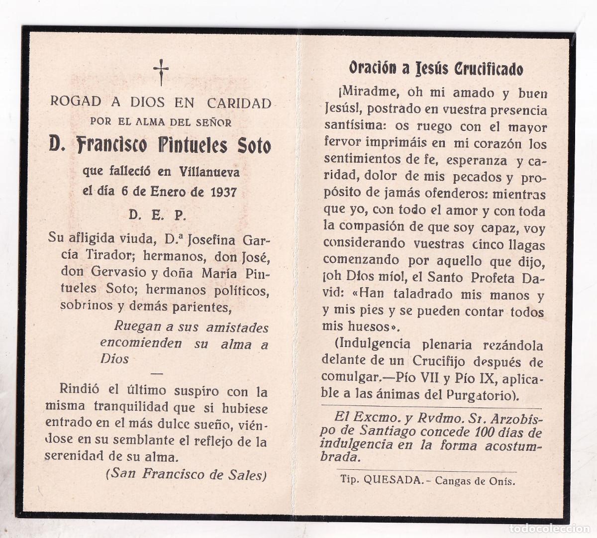 Documentos antiguos: RECORDATORIO DE DIFUNTO. FRANCISCO PINTUELES SOTO. VILLANUEVA, CANGAS DE ON&Iacute;S. ASTURIAS. 1937