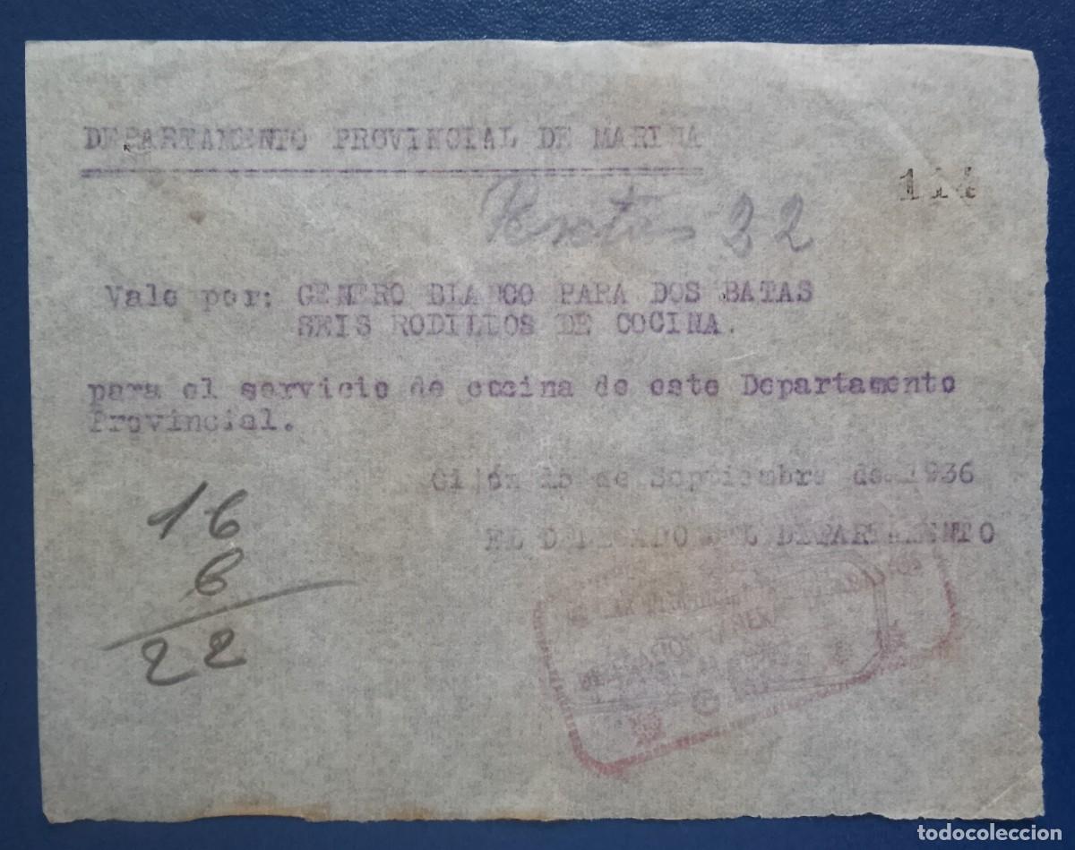 Documentos antiguos: ASTURIAS. Vale de la guerra civil del Departamento Provincial de Marina. Gij&oacute;n. 15 setiembre 1936