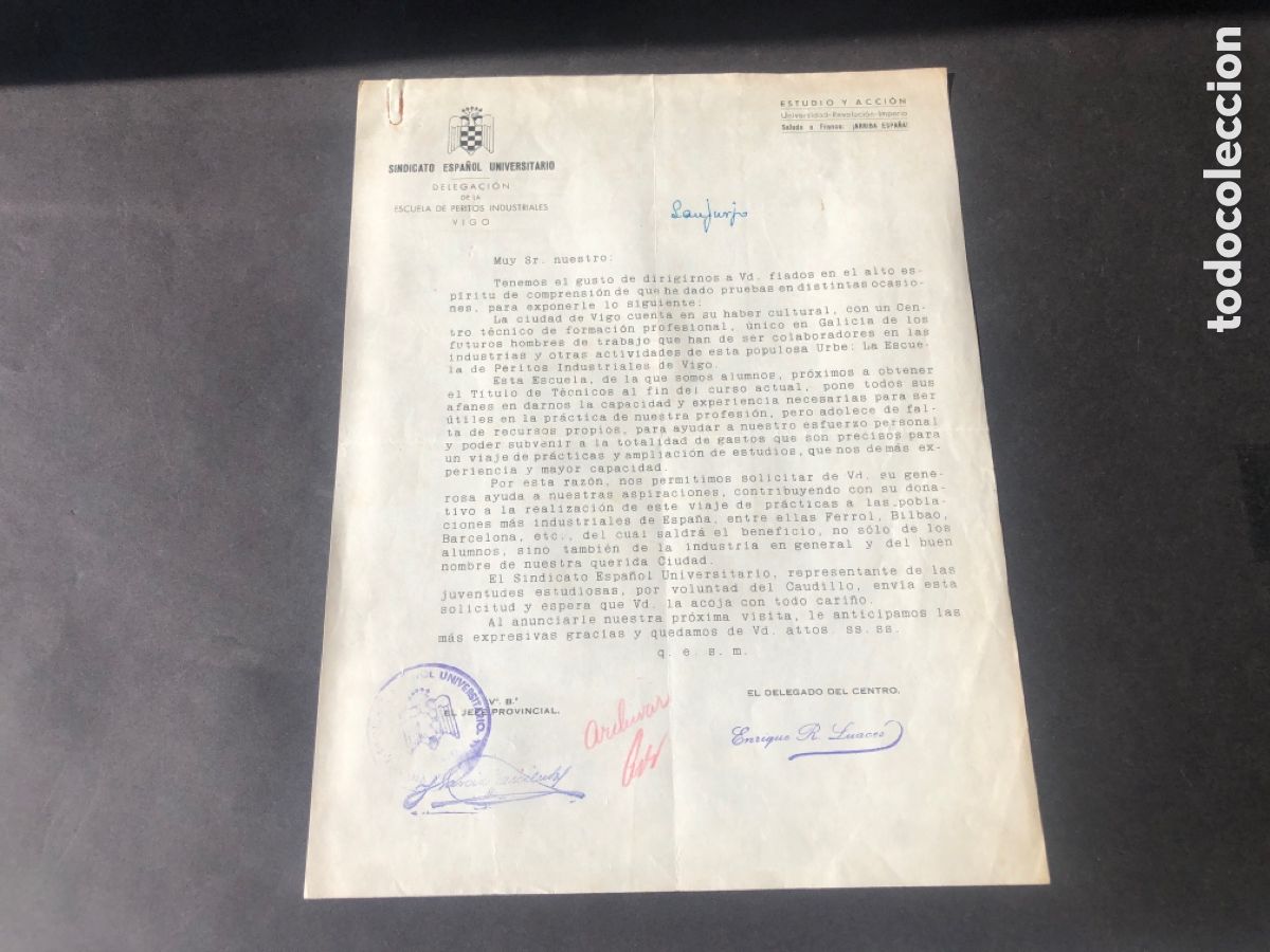 Documentos antiguos: Carta SINDICATO ESPA&Ntilde;OL UNIVERSITARIO DELEGACION ESCUELA DE PERITOS INDUSTRIALES VIGO