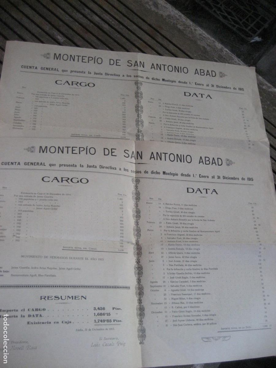 Documentos antiguos: antiguo estado de cuentas de Montepio San Antonio Abad 1915 . relaci&oacute;n nominal de gastos