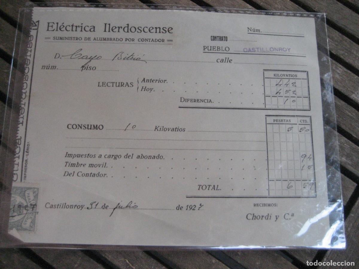 Documentos antiguos: antiguo recibo Elecrica Ilerdoscense 1927 Castillonroy . Huesca