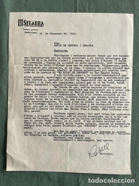 Documentos antiguos: CARTA DEL DIRECTOR DE LA SEGARRA -COLECTA PARA TELEVISION HOSPITAL DE CERVERA - A&Ntilde;O 1962