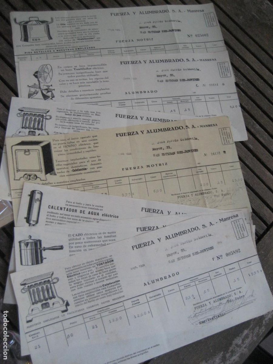 Documentos antiguos: bonitos recibos Fuerza y Alumbrado SA Manresa . Sant Esteve Sesrovires a&ntilde;o 1934