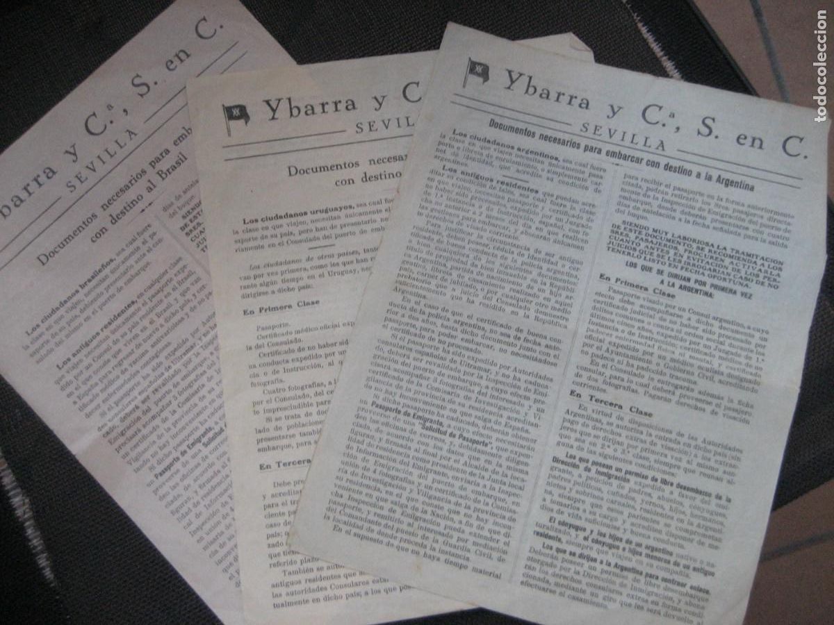 Documentos antiguos: 3 folletos documentos para viajar a Argentina .. Ybarra y C&ordf; , S . Compa&ntilde;ia Naviera Sevilla ,