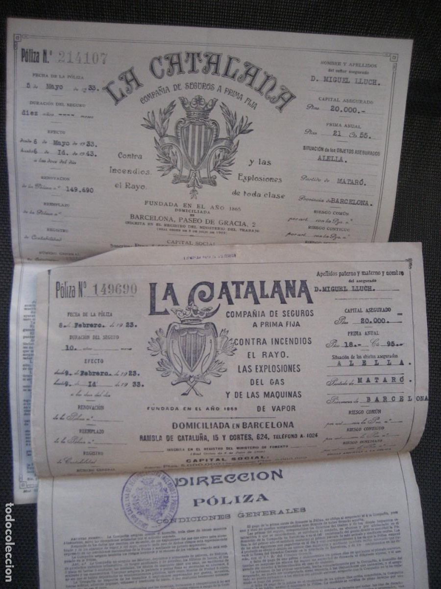 Documentos antiguos: 2 polizas compa&ntilde;ia de seguros La Catalana . 1933 casa de Alella