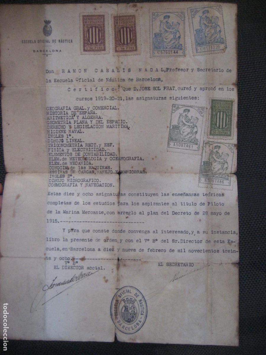 Documentos antiguos: antiguo certificado de notas de Escuela oficial de nautica de Barcelona 1938 para piloto de marina