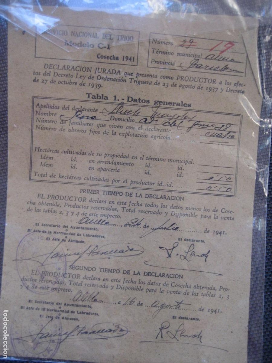 Documentos antiguos: Declaraci&oacute;n jurada de datos y cosecha obtenida . Servicio nacional del Trigo Alella 1941