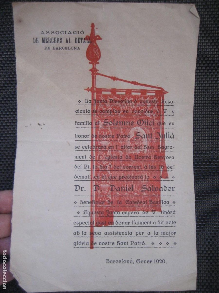 Documentos antiguos: Associaci&oacute; de Mercers al detall barcelona 1920 -Invitaci&oacute;n al oficio del patron Sant Juli&agrave;