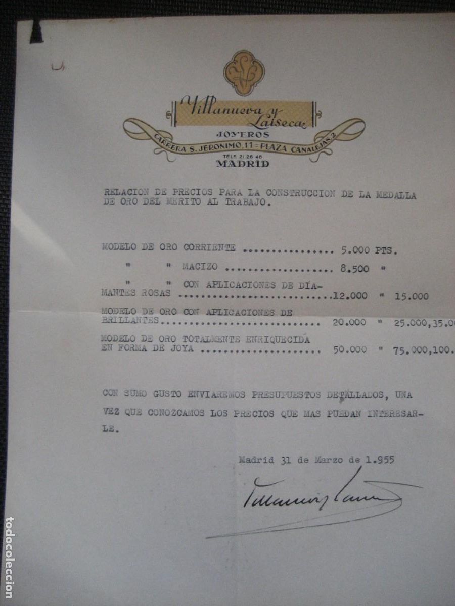 Documentos antiguos: Presupuesto Villanueva y laiseca joyeros para medalla de oro del merito al trabajo 1955