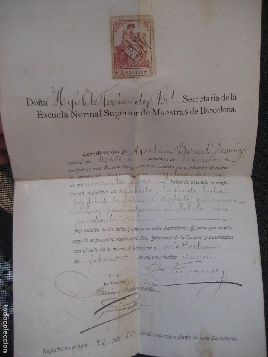Documentos antiguos: Certificado de la escuela Normal de Maestras de Barcelona 1916 . Revalida para el titulo colegio