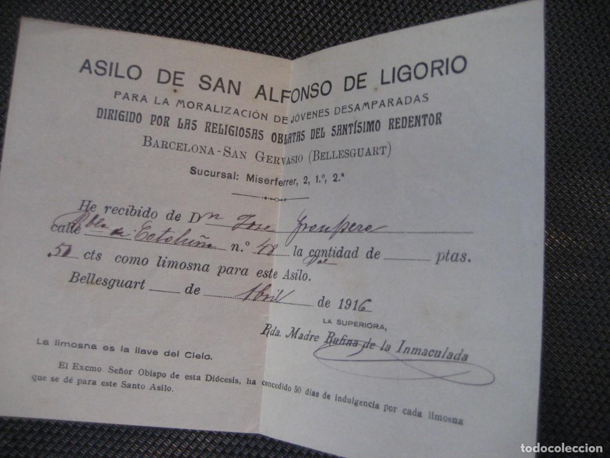 Documentos antiguos: recibo de limosna para el Asilo de San Alfonso de Ligorio . Barcelona a&ntilde;o 1916