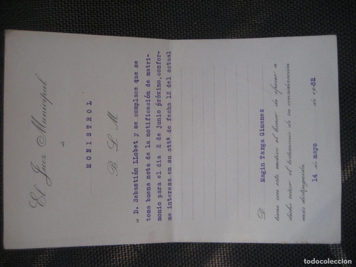 Documentos antiguos: antiguo documento . notificaci&oacute;n de matrimonio . Juez municipal de Monistrol 1932