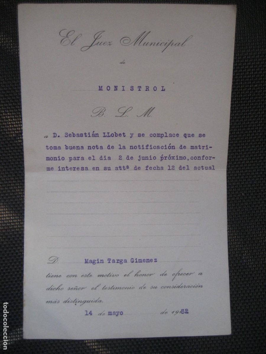 Documentos antiguos: antiguo documento . notificaci&oacute;n de matrimonio . Juez municipal de Monistrol 1932