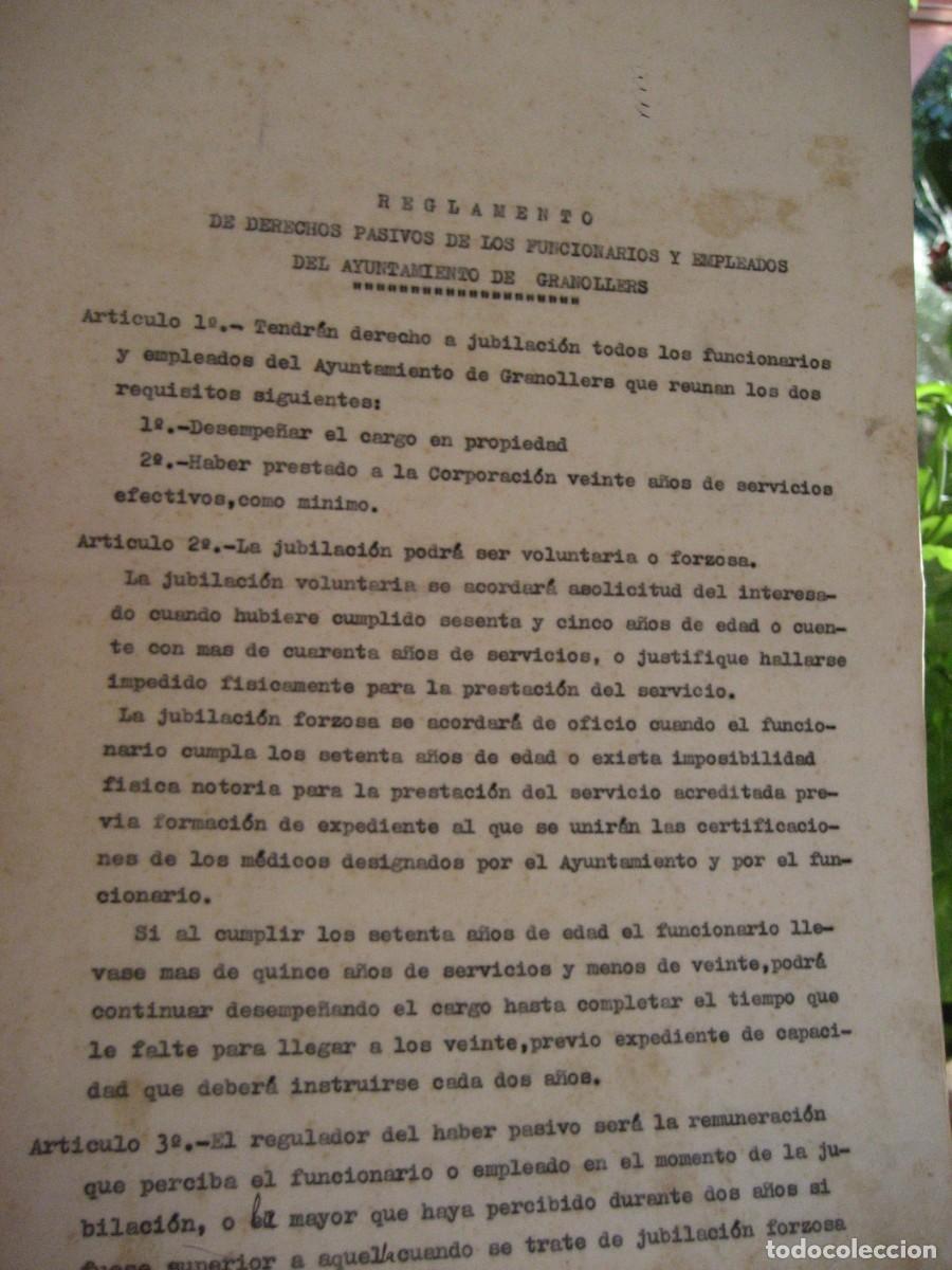 Documentos antiguos: Reglamento de derechos pasivos de los funcionarios del ayuntamiento de Granollers 1949