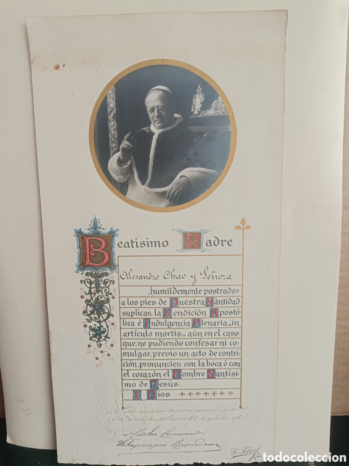 Documentos antiguos: 1923 FOTOGRAF&Iacute;A PAPA P&Iacute;O XI INDULGENCIA PLENARIA ARTICULO MORTIS FIRMADA CREMONESCI SELLO VATICANO